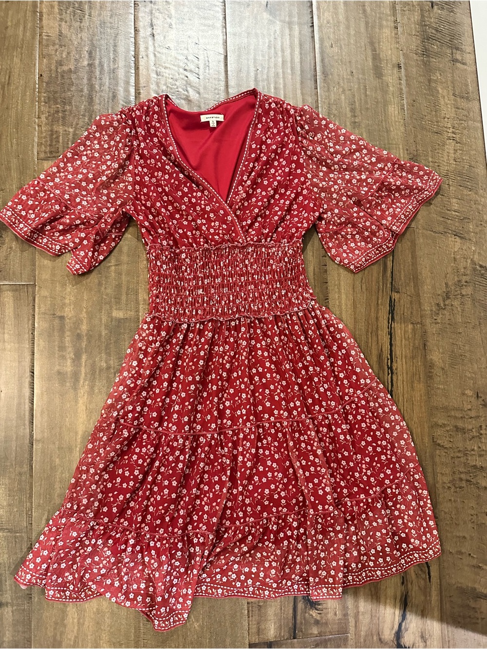Red Floral Smocked Waist Dress
